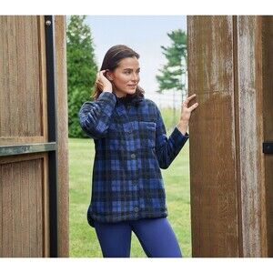 Cuddl Duds Fleecewear Bonded Sherpa Button-Front Shacket Blue Plaid Size Large
